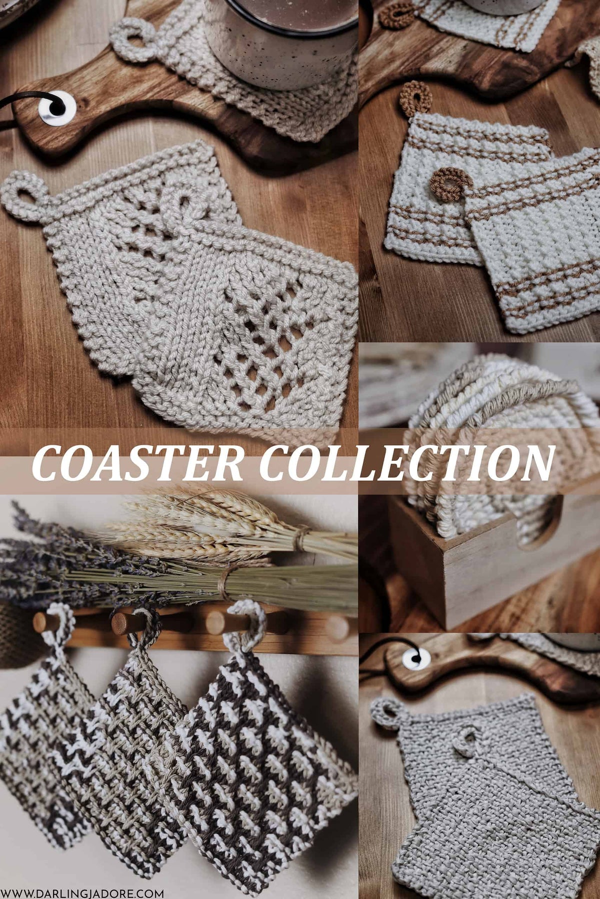 Knitted coasters in cream and terracotta yarn displayed on wooden surface with coffee mug by Darling Jadore