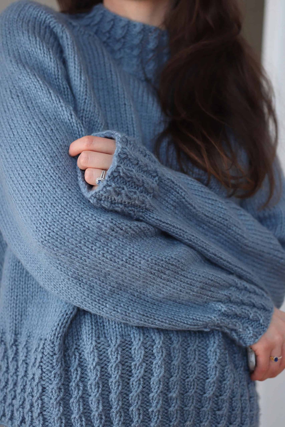 The Mistfall Sweater knitting pattern - cream raglan pullover with cable details and mock turtleneck