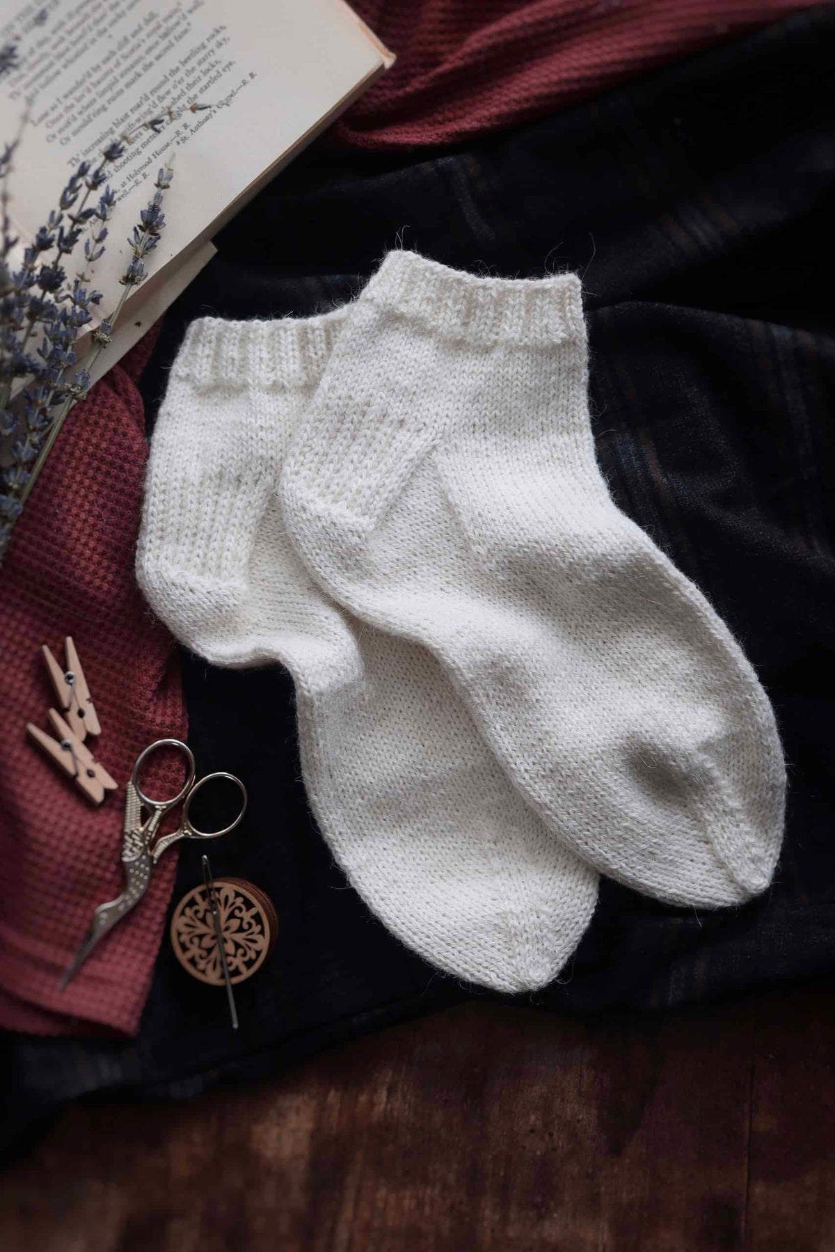 Simple ankle socks knitting pattern worn showing fit and ribbed cuff