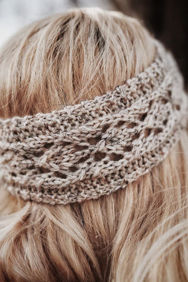 Lace knit headband in cream yarn with delicate eyelet pattern - Phlox Headband knitting pattern by Darling Jadore