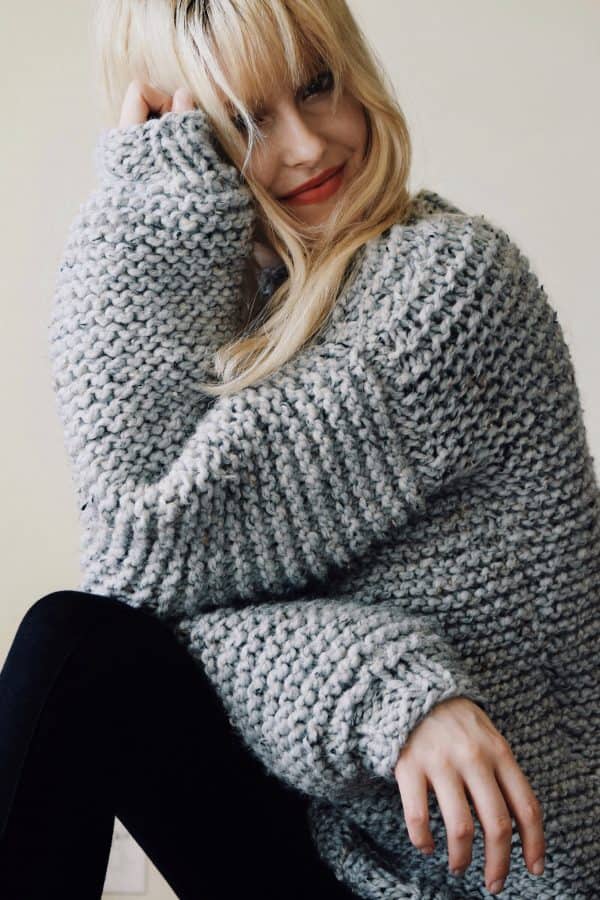 Cozy knitted sweater in cream yarn with textured stitch pattern - Campfire Sweater knitting pattern by Darling Jadore