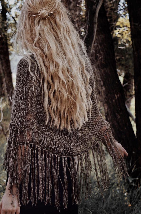 Half circle knit shawl with decorative tassels - Rainfall Shawl knitting pattern by Darling Jadore