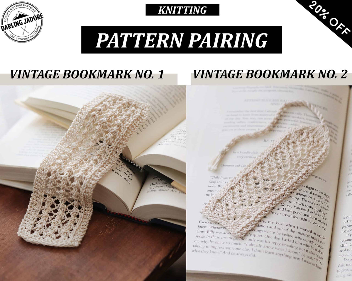 Pair of cream lace knitted bookmarks with vintage-inspired pattern detail - bookmark knitting pattern by Darling Jadore