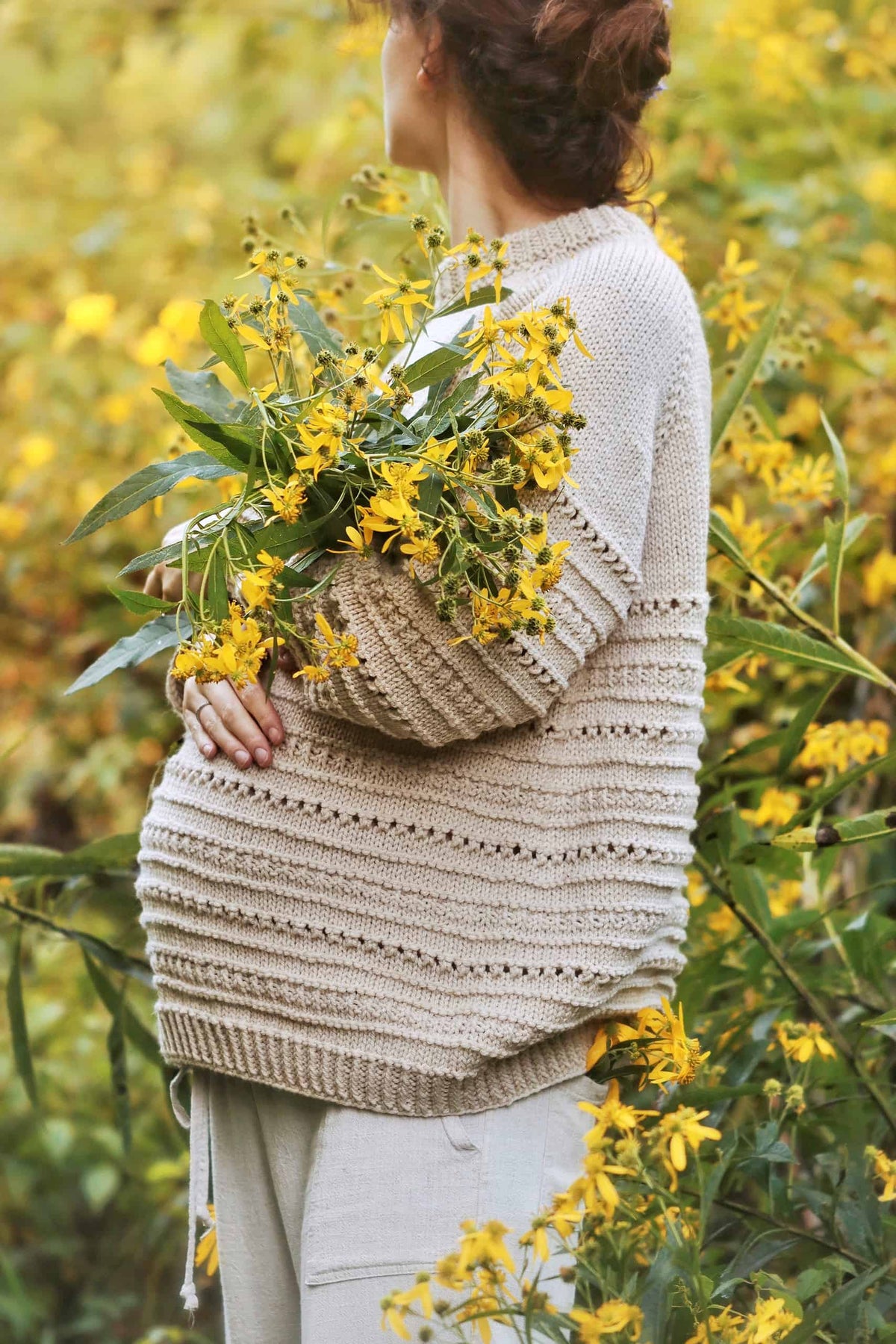 Chunky knit pullover sweater in cream yarn with ribbed collar and cuffs - Countryside Sweater knitting pattern by Darling Jad