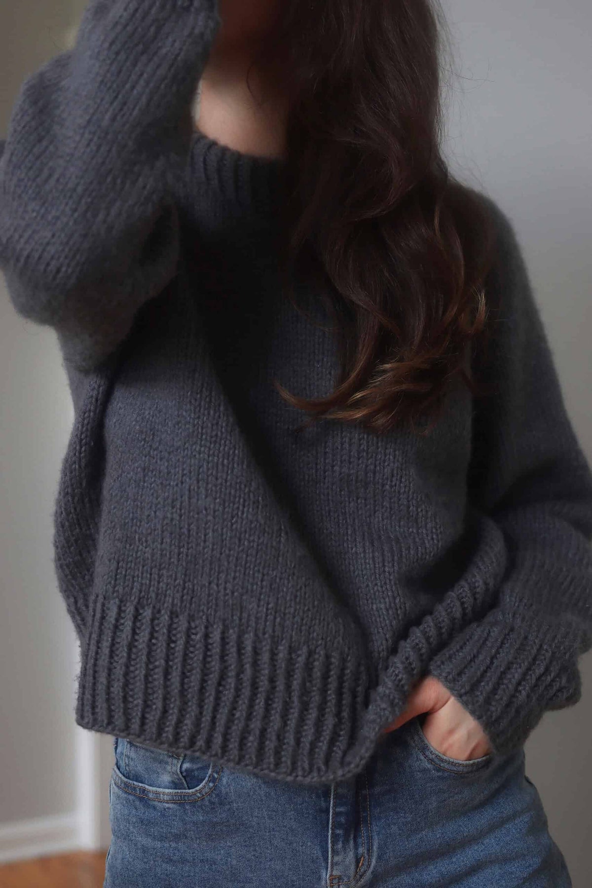 Cozy crewneck pullover sweater knitting pattern by Darling Jadore - The Ash Sweater in neutral tones