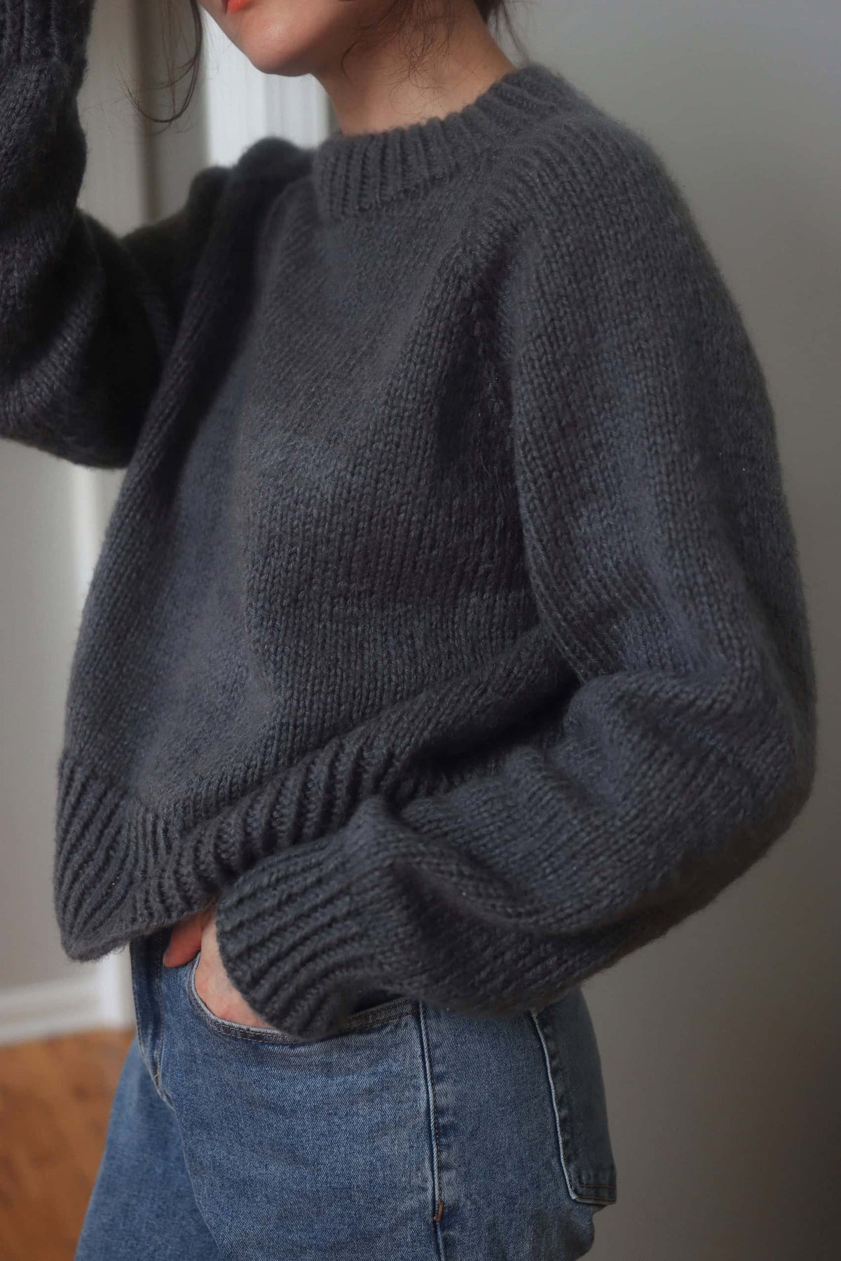 Cream crewneck raglan sweater with ribbed cuffs and hem - Ash Sweater easy knit pattern by Darling Jadore