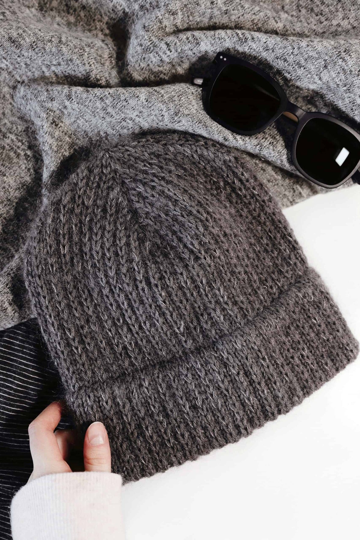 Men's double brim beanie knitting pattern - The Summit Beanie in neutral tones with luxurious mohair