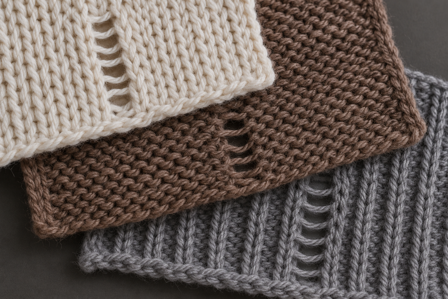 How to fix a dropped stitch in knitting, dropped stitch ladders in knit swatches, Darling Jadore