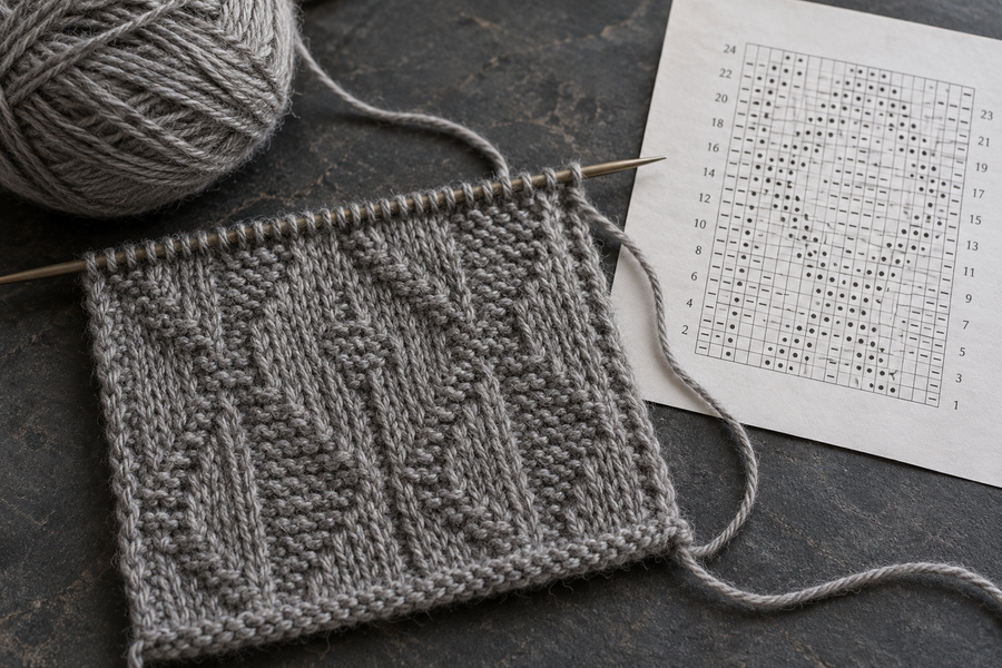 How to read a knitting chart, knit and purl textured swatch in grey wool beside a printed knitting chart, Darling Jadore
