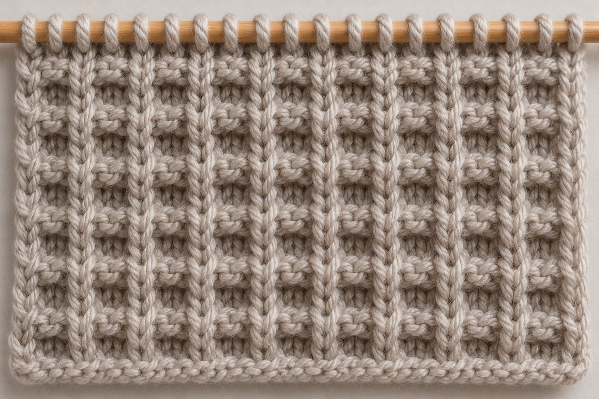 Waffle stitch knitting swatch on wooden knitting needles, Darling Jadore