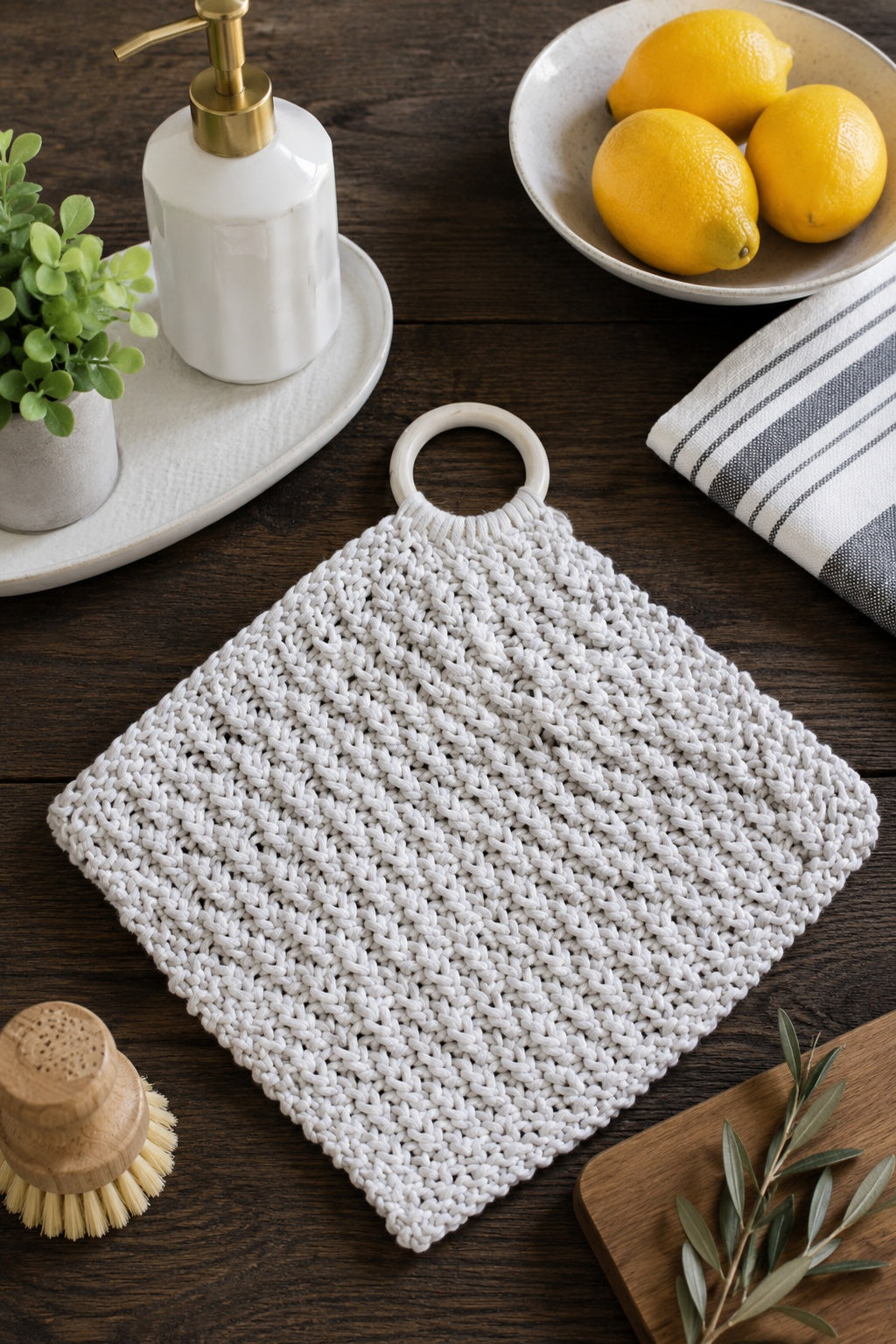 knit towel wooden ring knitting pattern trivet Acre