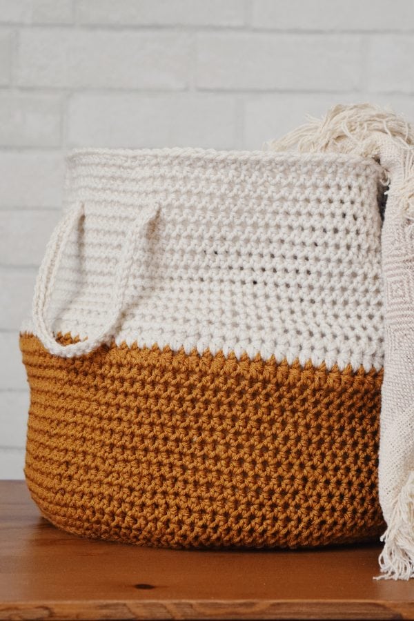 Close-up detail of crochet belly basket texture and construction pattern