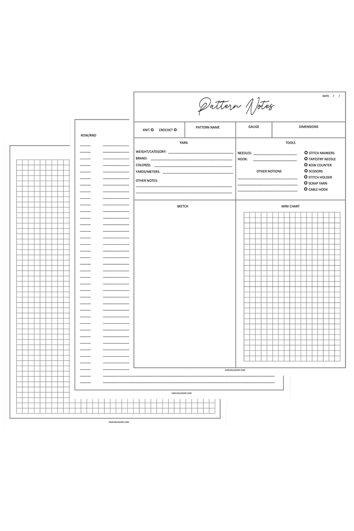 Pattern drafting notes template for knitting and crochet designers with organized sections