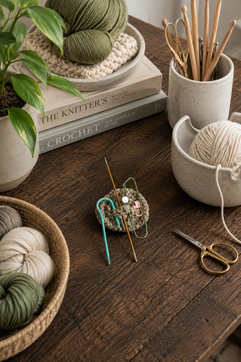 Knit notion keeper organizer pattern with pins and needles displayed on neutral background