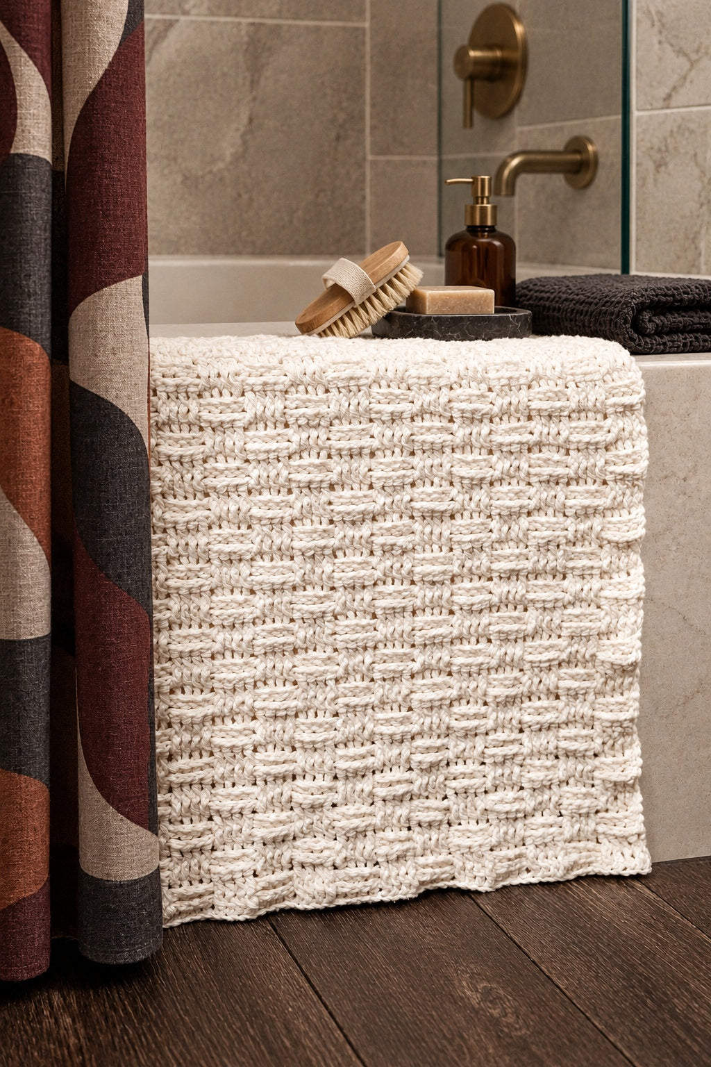 Modern woven bath mat crochet pattern in neutral bathroom setting with natural light