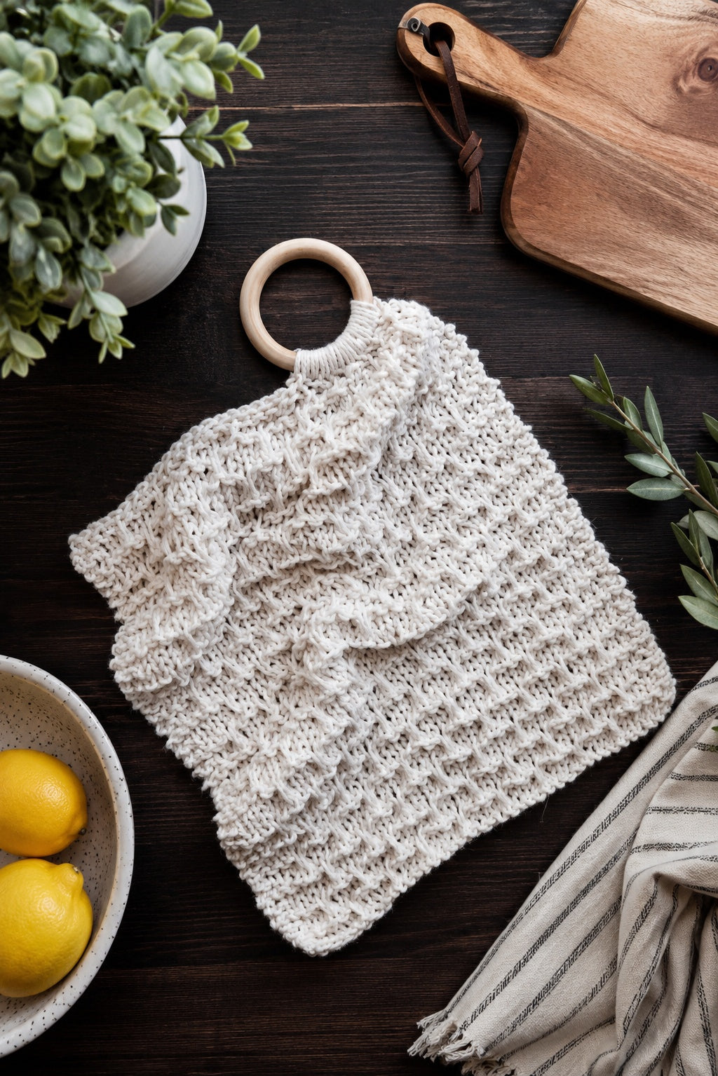 knit tea towel with wooden ring kitchen decor modern farmhouse knittign pattern Cliffside Towel