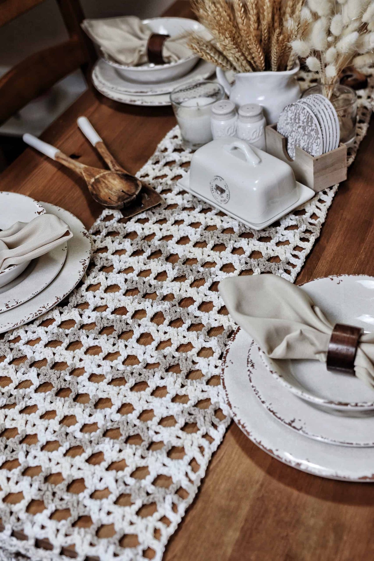 Modern farmhouse table runner crochet pattern with subtle earth-toned ombre effect