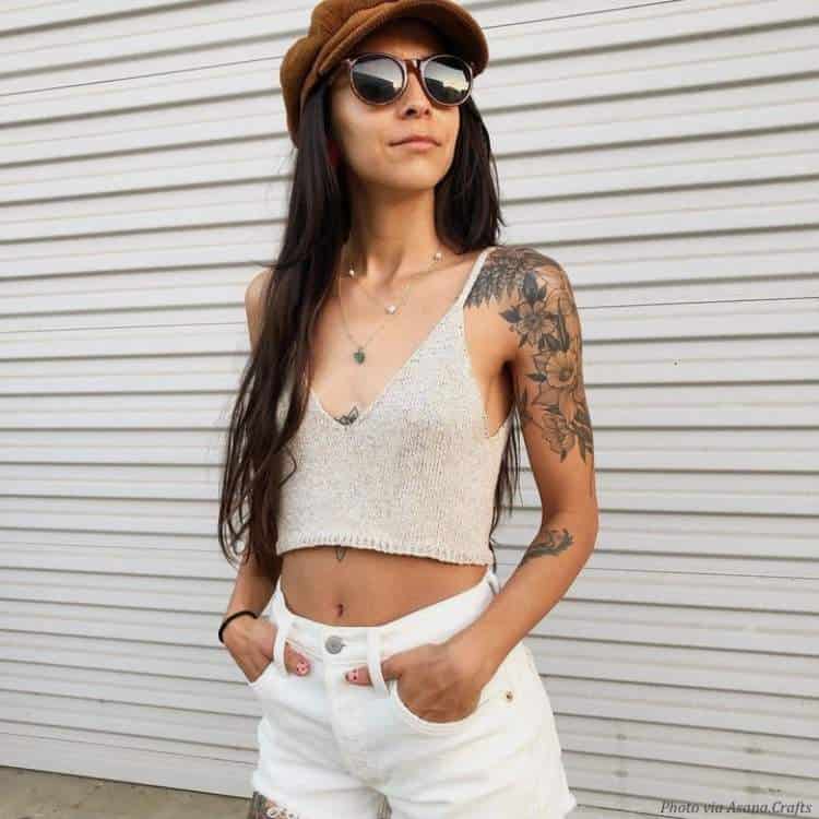 Beige knit camisole with thin straps - minimalist tank top knitting pattern for women
