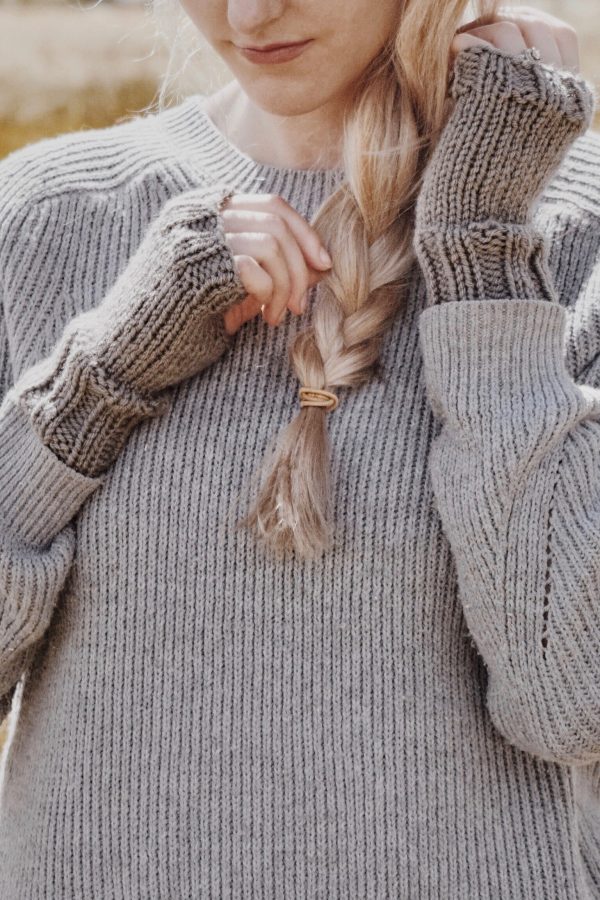 Side view of Oakridge fingerless mittens knitting pattern showing thumb placement and fit