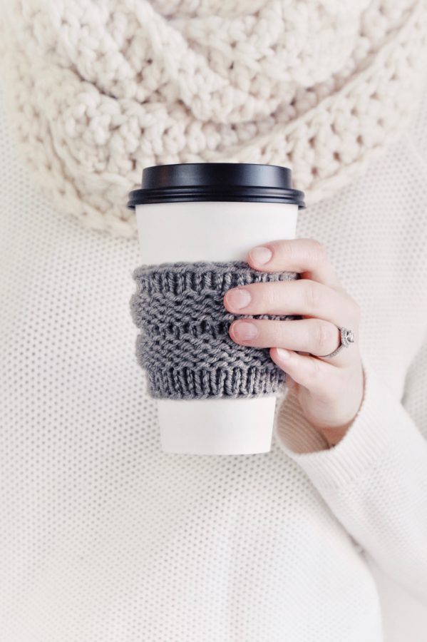 Beginner-friendly coffee cozy knit pattern on mug detail view