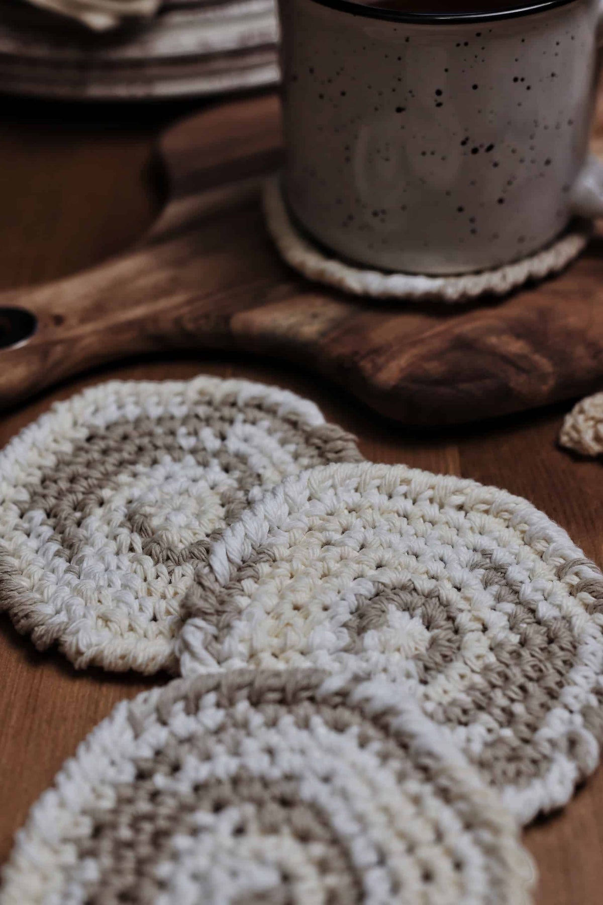Textured round crochet coaster detail showing classic stitches - The Seaport Coaster beginner pattern