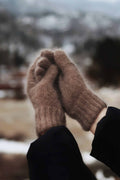 Close up of soft mohair Cloud Gloves knitting pattern in cream showing delicate fuzzy halo texture