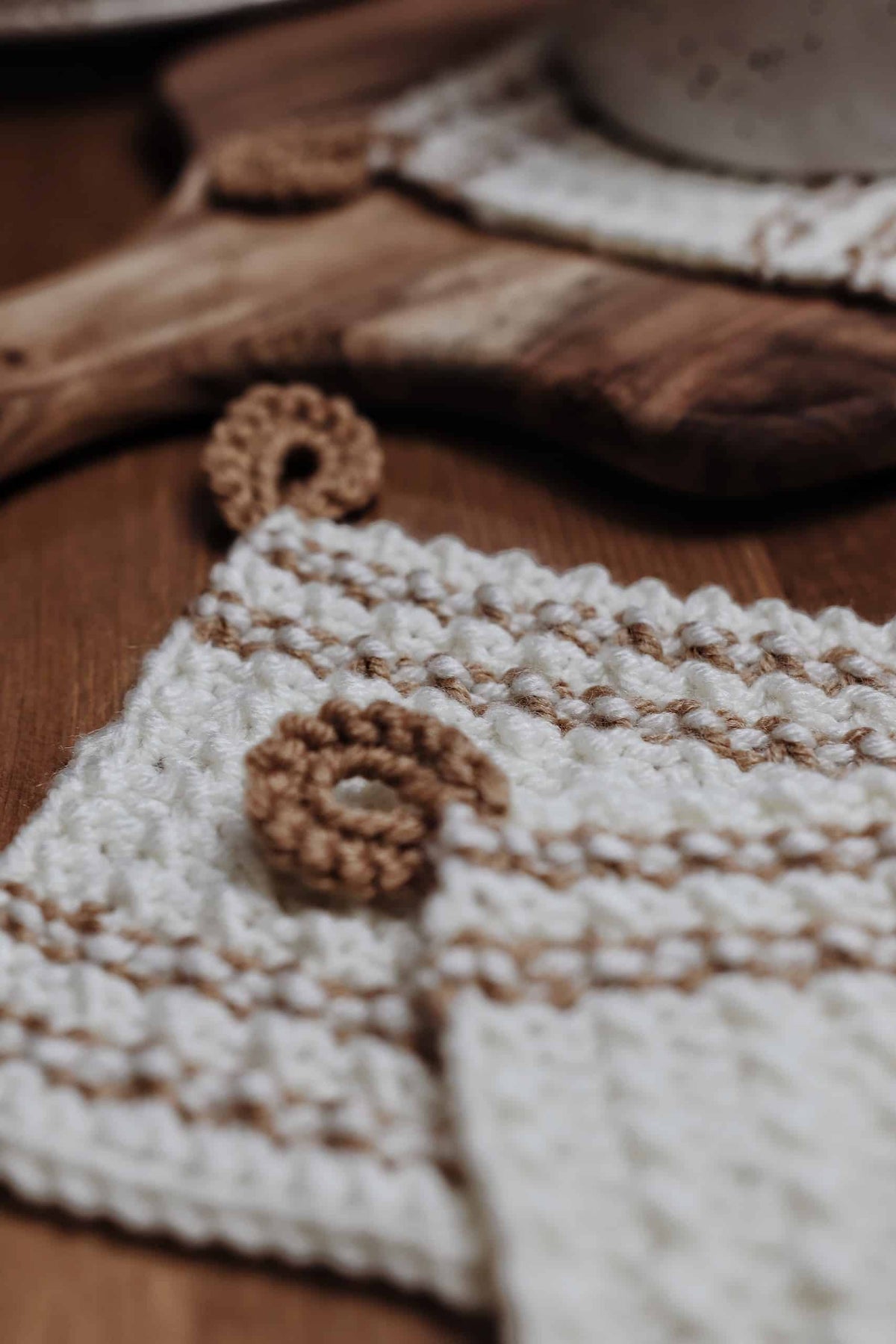 Textured knit coaster with classic farmhouse stripes for home styling
