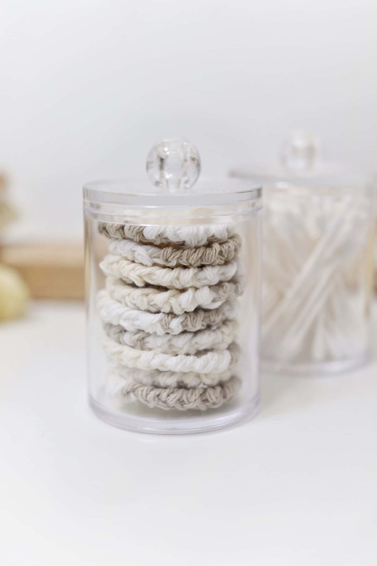 Stack of reusable crochet cotton rounds for skincare and beauty routine