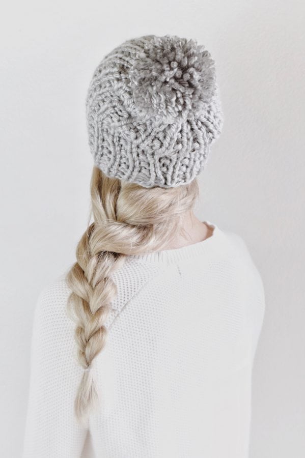 Chunky textured beanie with pom pom in cream yarn - The Brivet Beanie knitting pattern by Darling Jadore