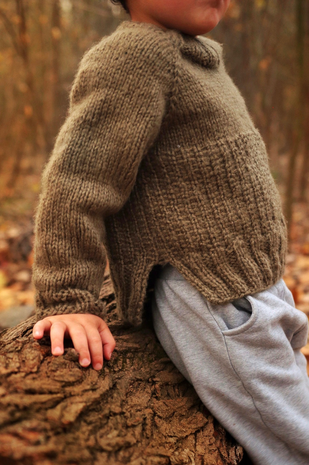 Child wearing cream raglan sweater with ribbed collar and cuffs - Sapling Sweater knitting pattern by Darling Jadore
