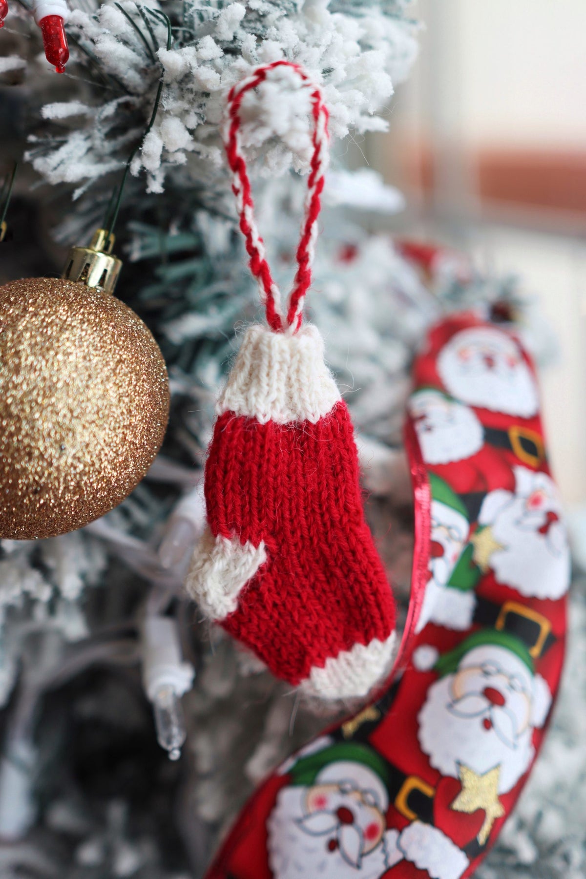 Beginner friendly holiday stocking ornament knitting pattern with traditional ribbed texture detail