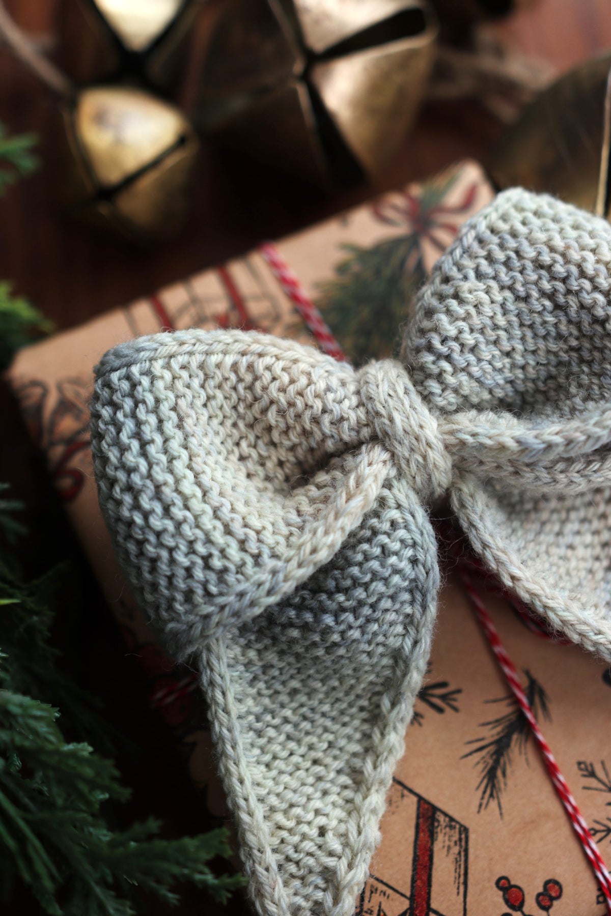 Close-up of perfect bow knitting pattern with detailed garter stitch rows