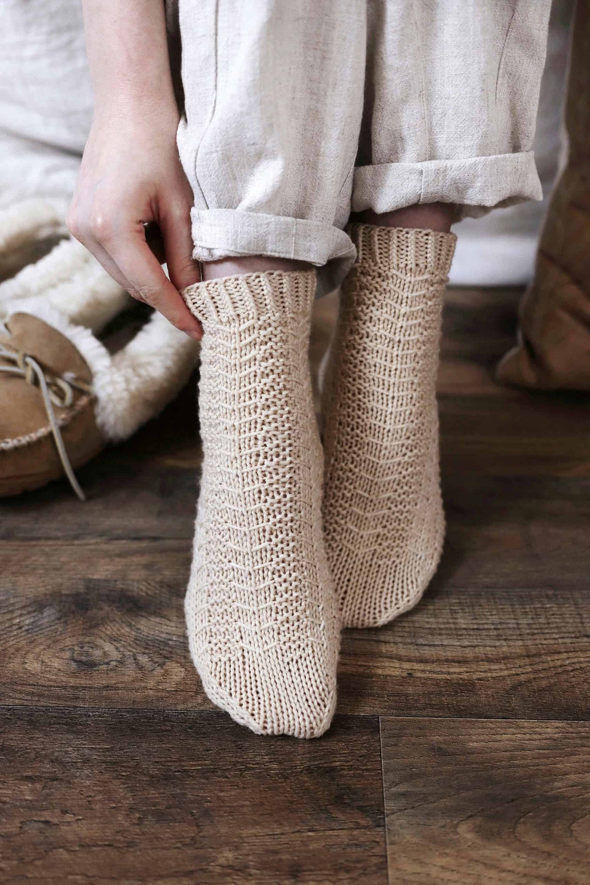 Pinewood socks knitting pattern flat lay showing complete sock construction