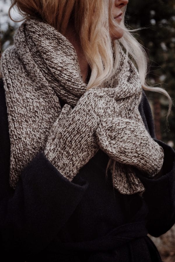 Woman wearing cream stockinette mittens and matching scarf - The Nora collection knitting patterns