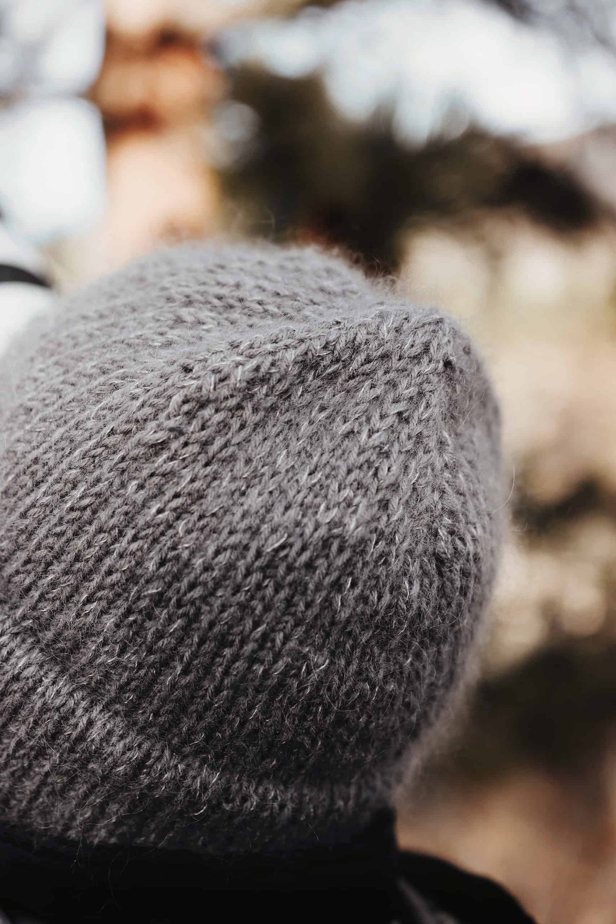 Mens beanie knitting pattern detail - The Summit Beanie showing ribbed stitches and mohair halo