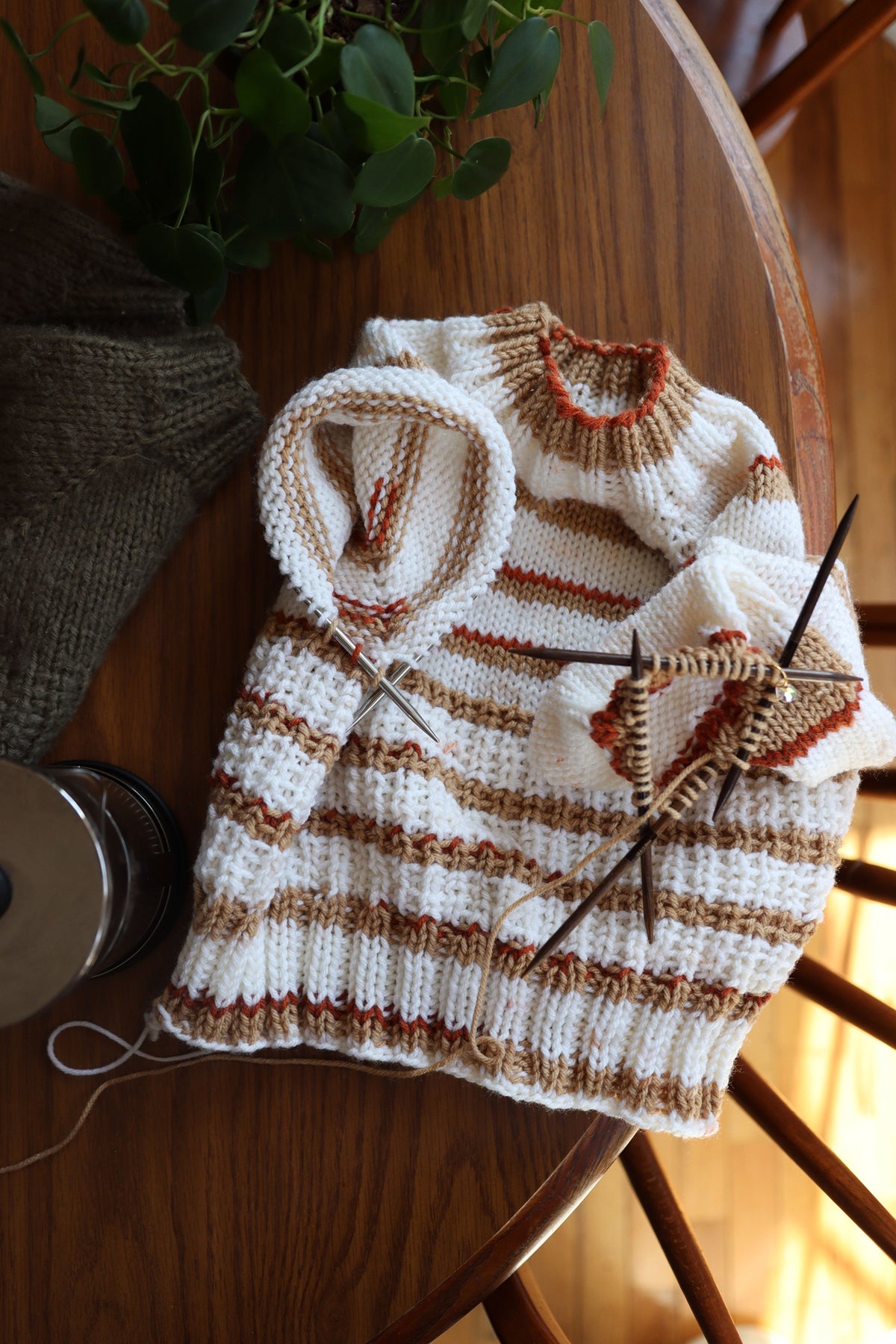 Child wearing cream knitted raglan sweater with ribbed collar - Sapling Sweater knitting pattern by Darling Jadore