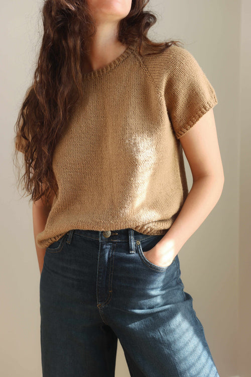 Camel short sleeve knit tee worn with jeans - The Classic Tee Knitting Pattern by Darling Jadore