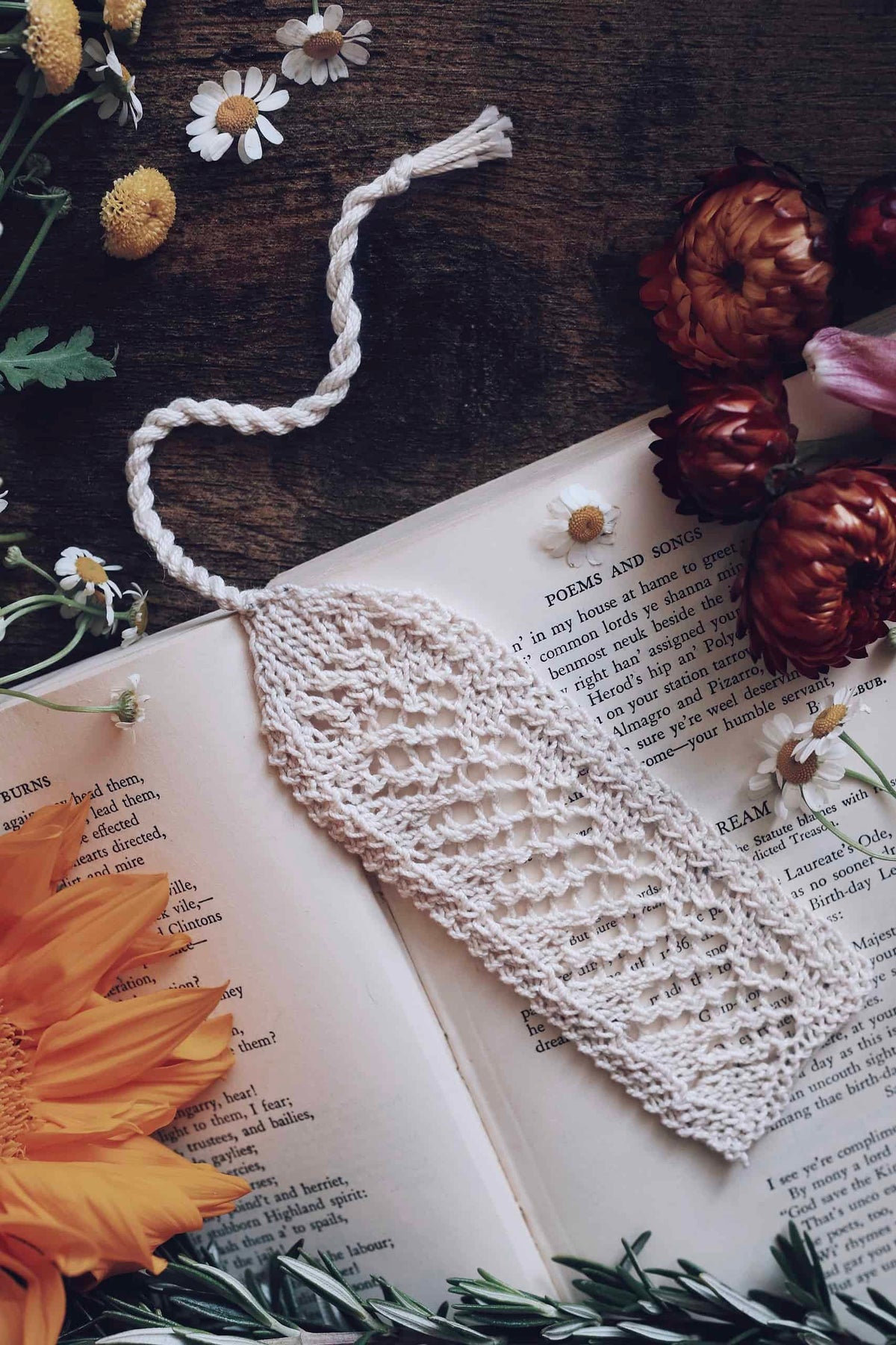Vintage bookmark knit pattern styled with classic books and timeless decor
