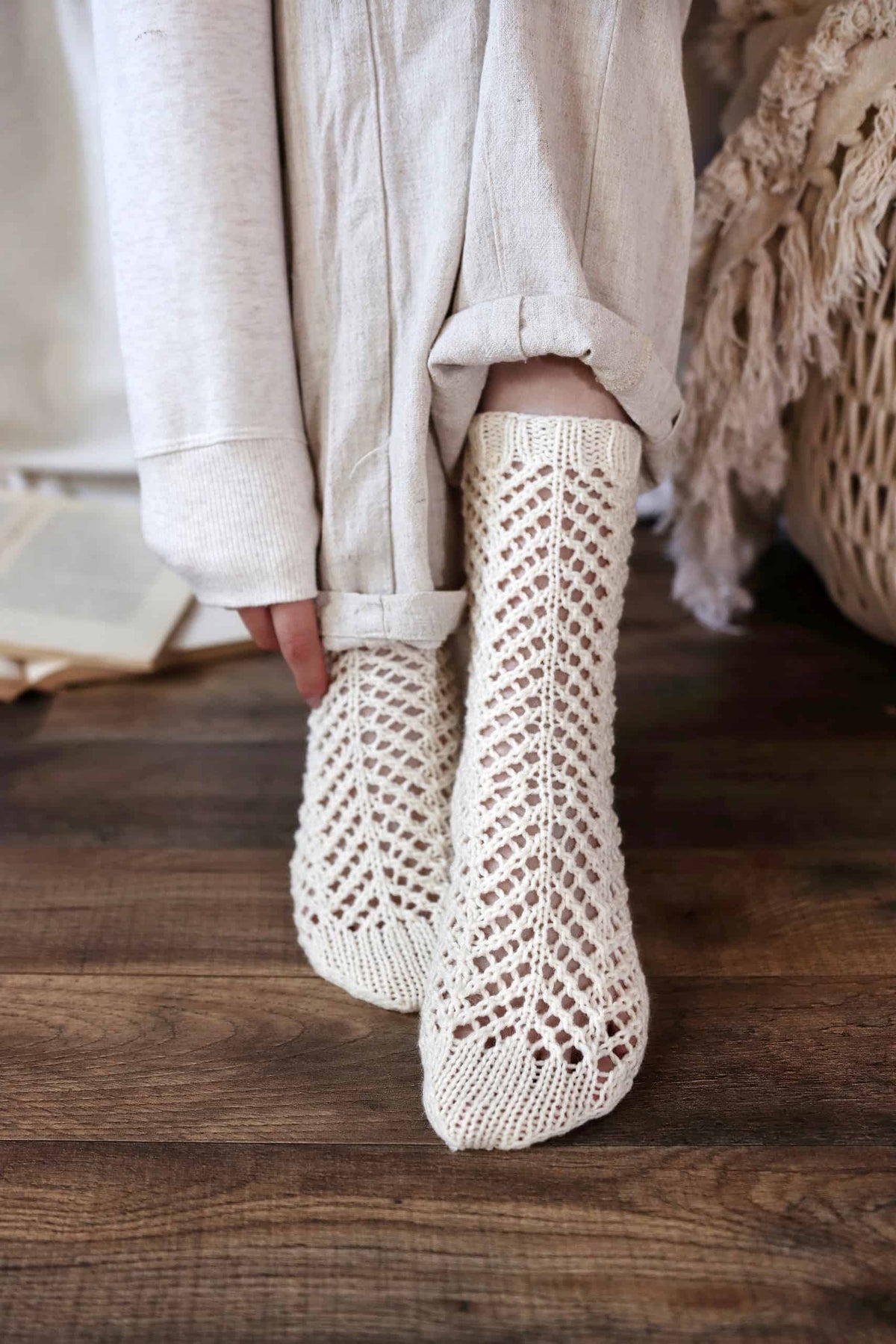 Seabrook socks knitting pattern showing classic fit and lace detail