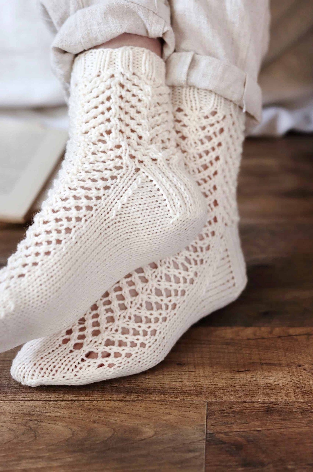Side view of elegant lace ankle socks knitting pattern