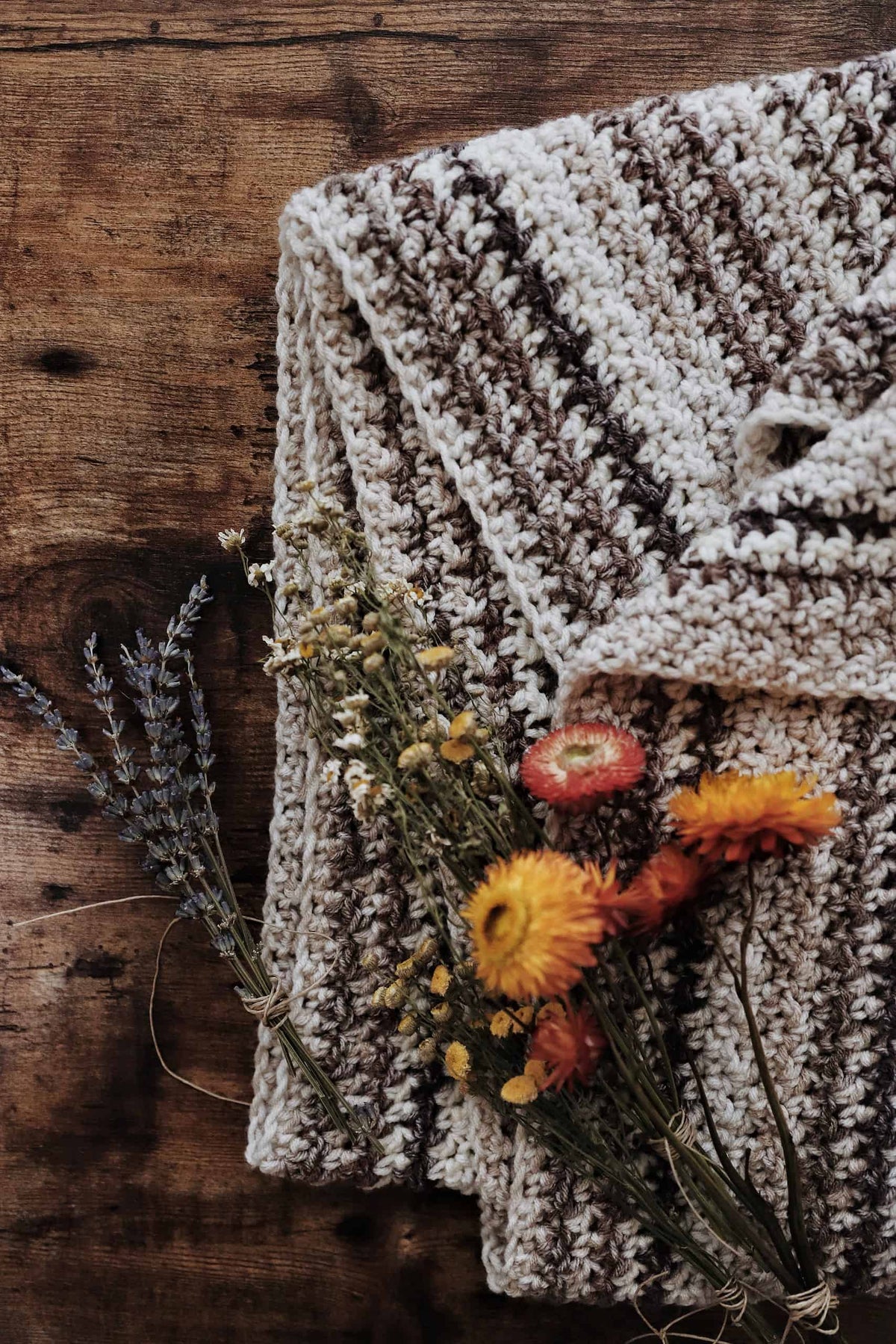 Close-up of houndstooth crochet texture in The Meadow Scarf pattern