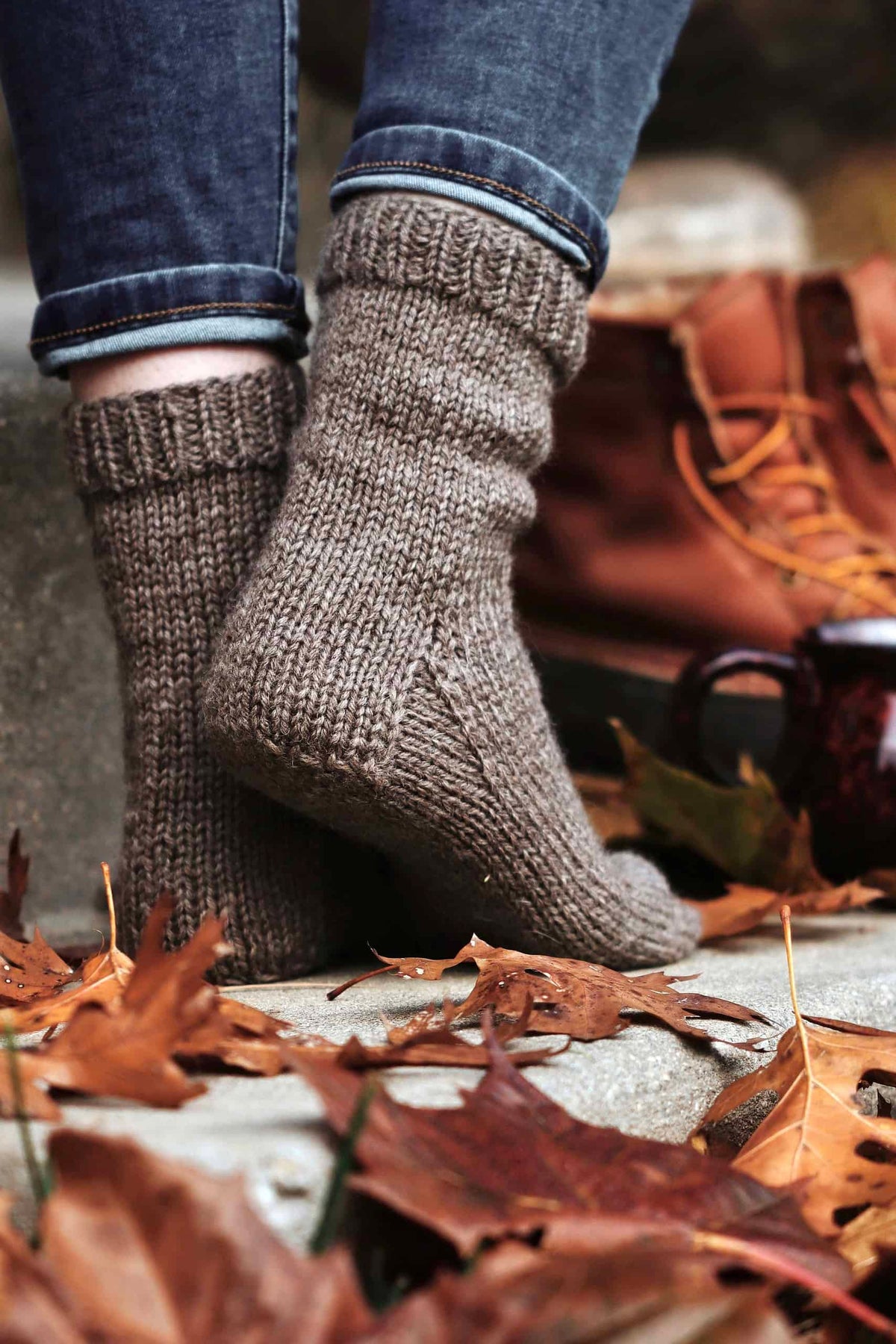 Simple stockinette beginner socks knitting pattern close up detail