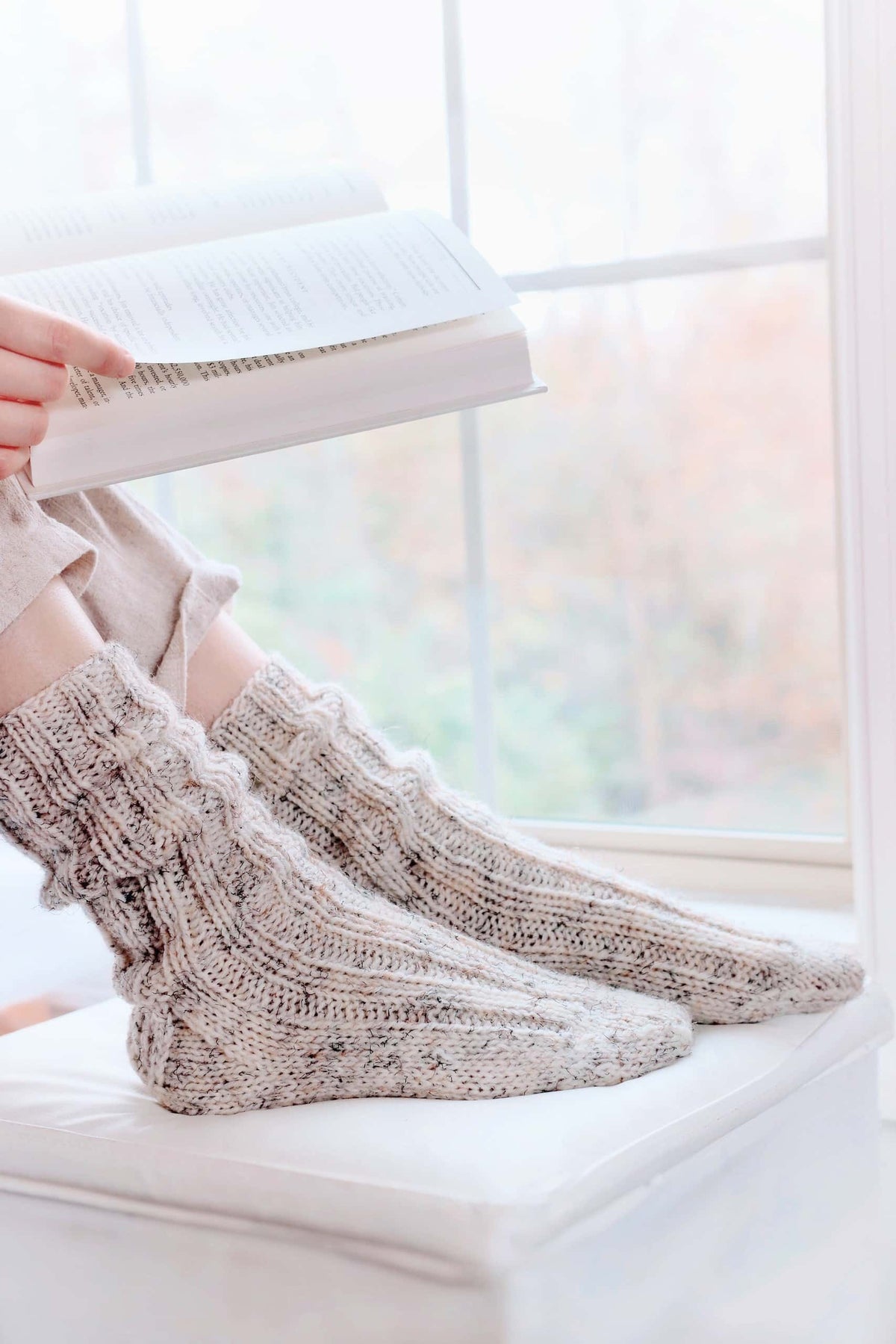 Plush knitted house socks pattern showing ribbed texture and cozy fit