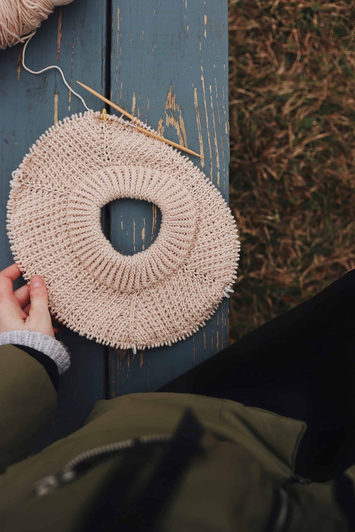 Side view of Hawthorn Sweater showing raglan sleeve construction and texture