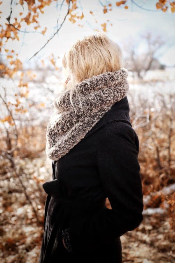 Close-up of plush faux fur texture in Tundra Cowl knit pattern showing sumptuous detail