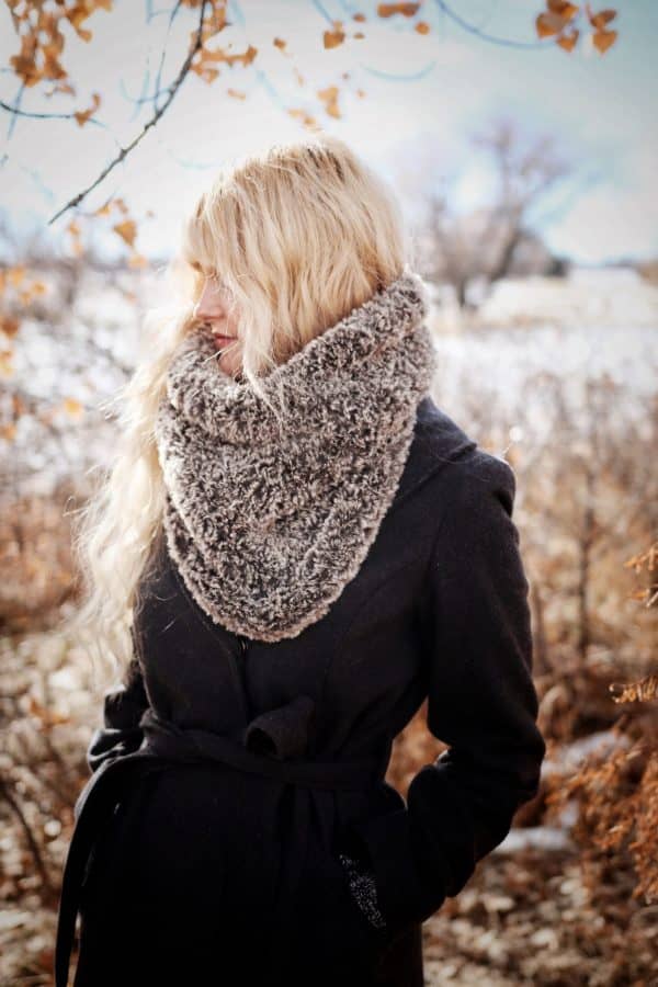 Timeless Tundra Cowl pattern showcasing luxe faux fur yarn and classic design