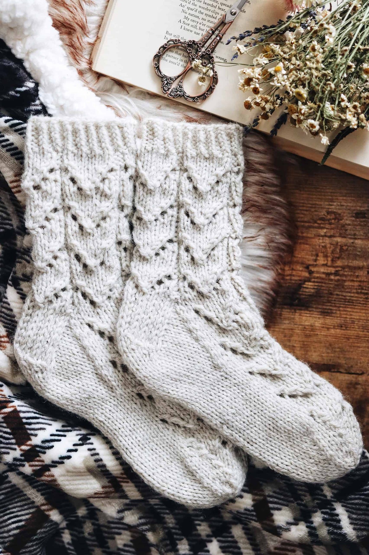 Full view of Alpine lace socks knitting pattern in chunky worsted weight yarn