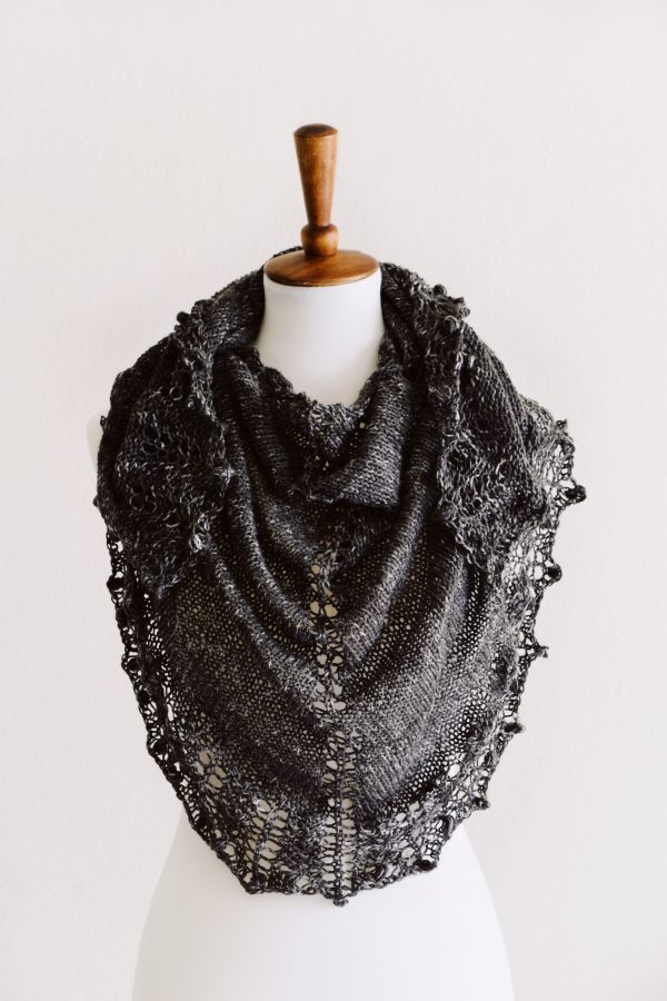 The Moonlit Shawl pattern worn showing elegant drape and spiked lace edging