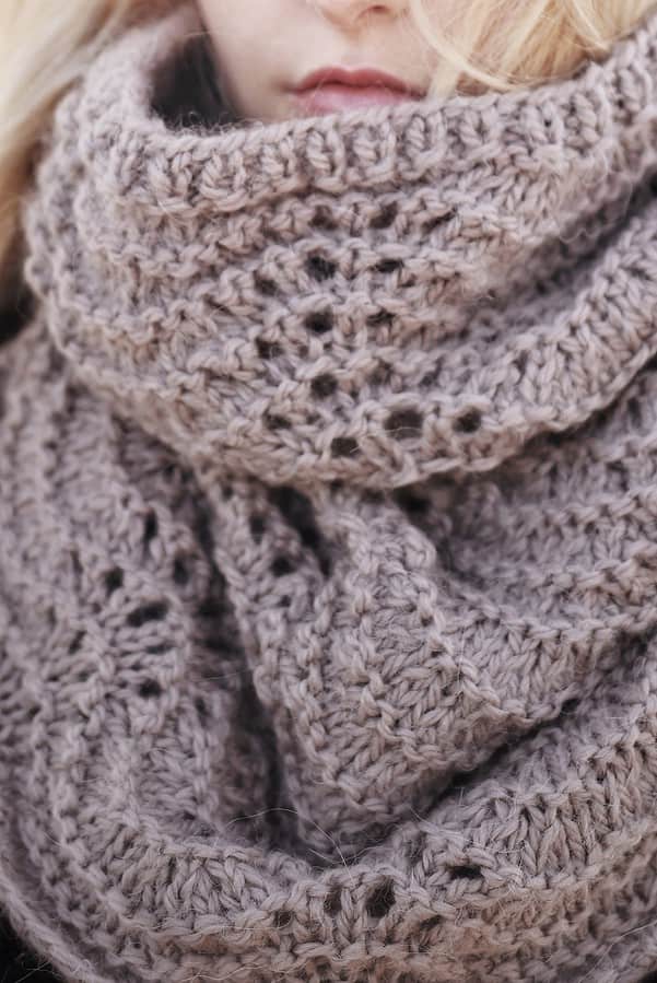 Close up of Fauna cowl showing classic Shetland lace waves and garter stitch texture