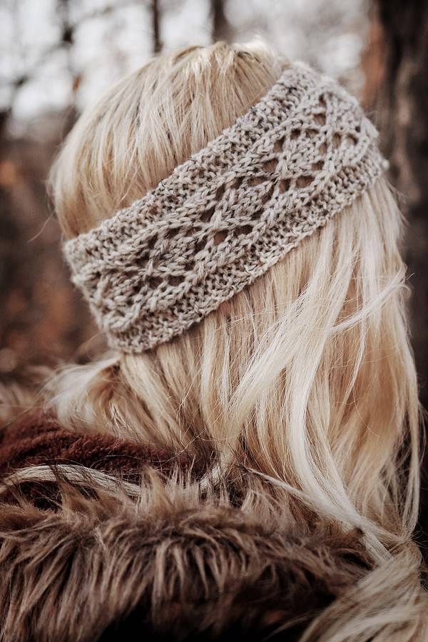 Model wearing ethereal lace headband knit pattern for fall and winter